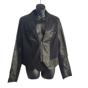 Be By Blanc Noir Women's Black Faux Leather knit Trim V-Neck Jacket Size M